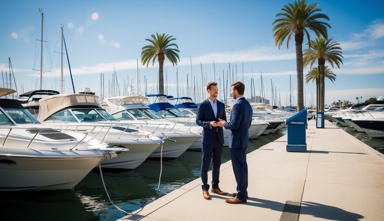 A sunny marina with boats lined up for sale, a salesperson talking to a potential buyer, palm trees in the background