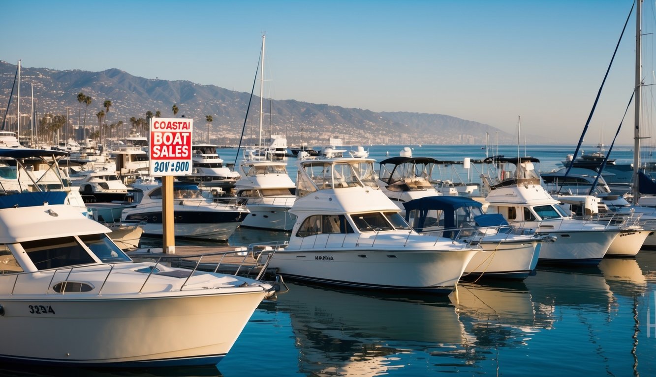 A bustling marina with various boats for sale, a Coastal Boat Sales sign, and a backdrop of the Los Angeles coastline