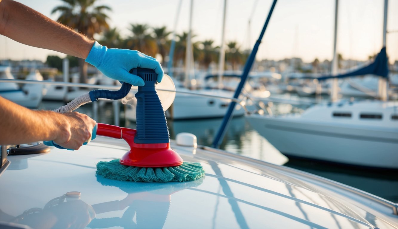 A boat being cleaned and polished at a marina with palm trees in the background