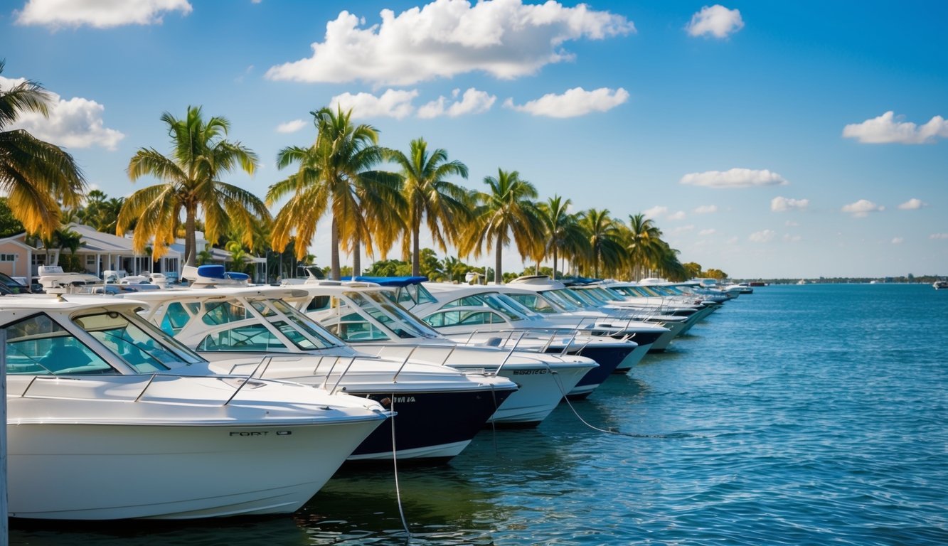 A sunny marina in Fort Myers, FL with boats lined up for sale, palm trees swaying in the breeze, and blue water stretching out to the horizon