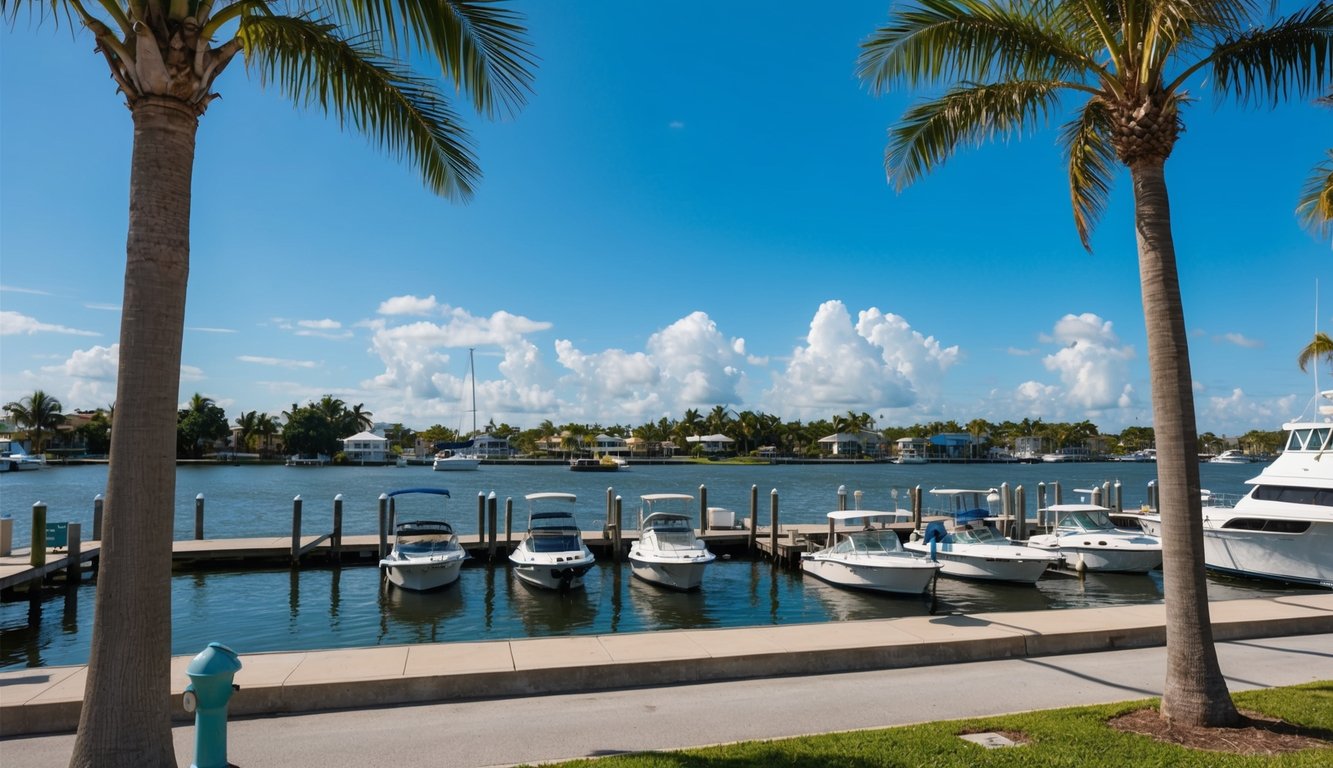 A sunny day on the waterfront in Fort Myers, with palm trees, blue skies, and boats docked along the shore