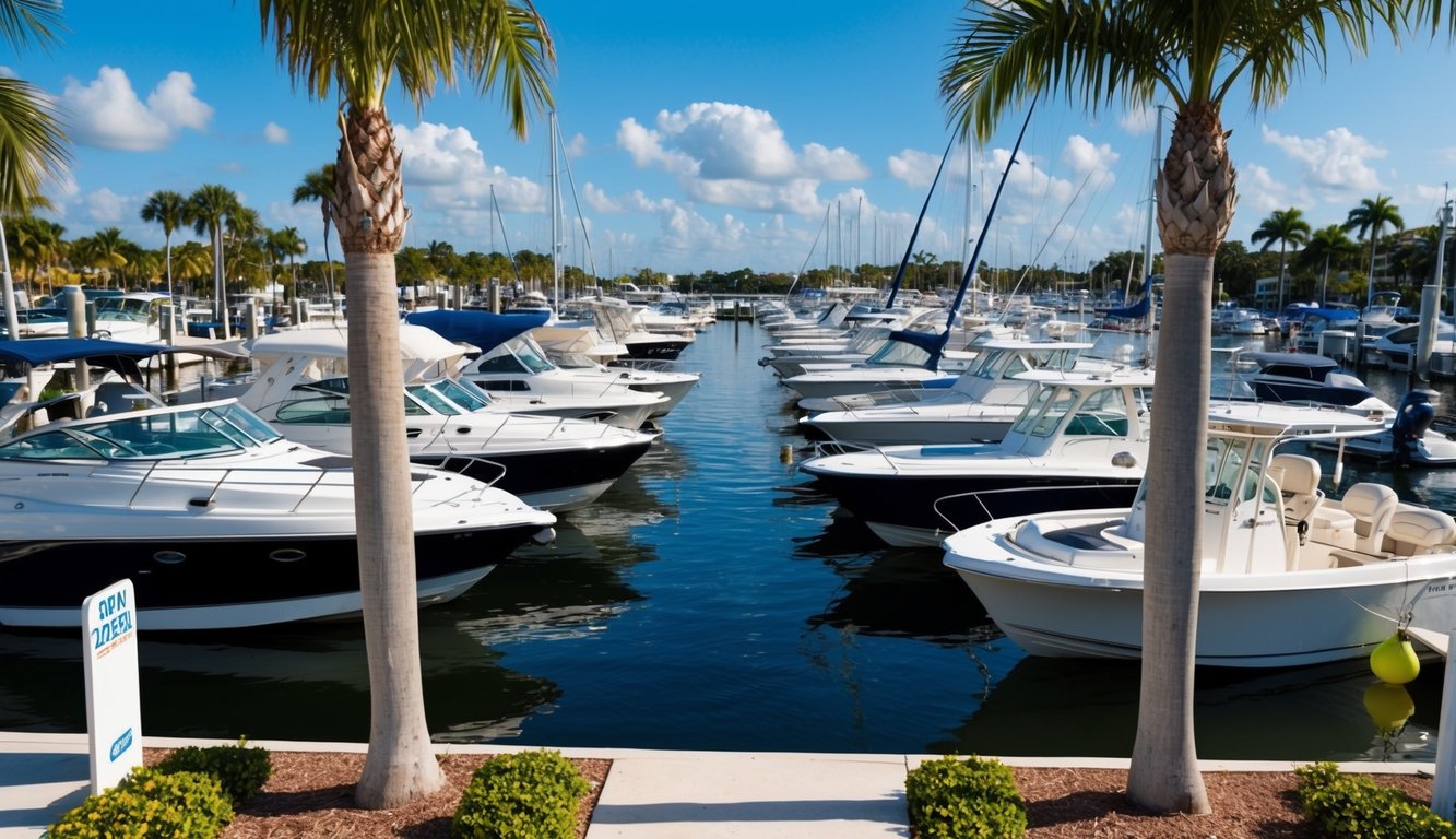 A bustling marina in Fort Myers, FL with various boats for sale, surrounded by palm trees and a clear blue sky