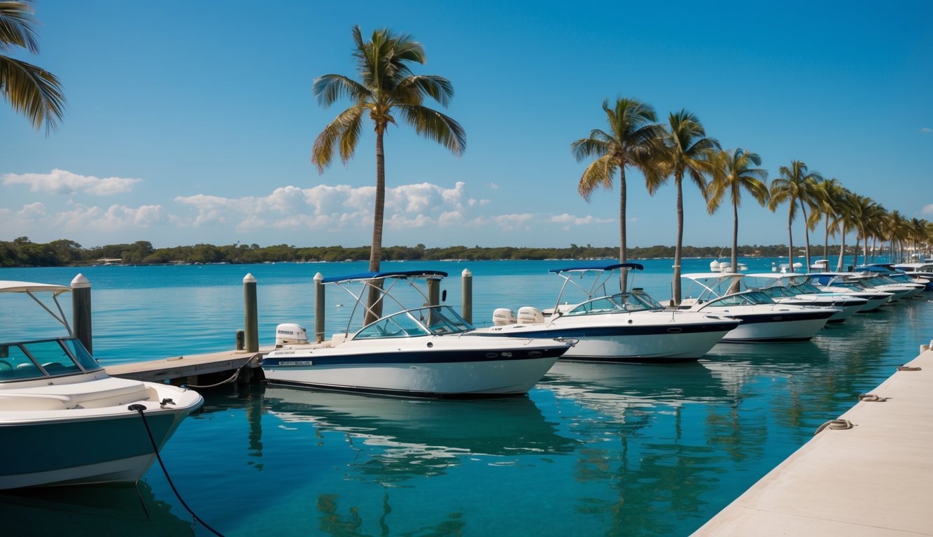 Boats lined up along the dock, palm trees swaying in the breeze, clear blue water reflecting the sunny sky