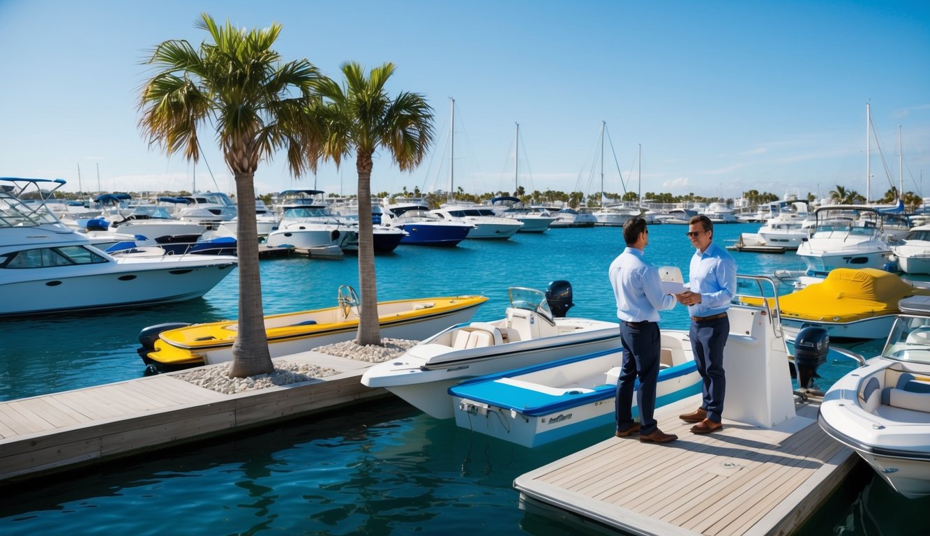 A sunny marina with colorful boats, palm trees, and a salesperson showing a customer different boat options. Blue water and a clear sky in the background