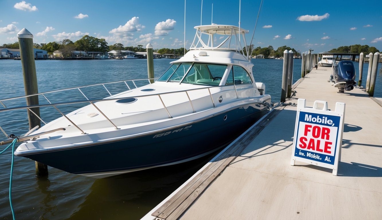 A boat being cleaned and polished on a sunny dock in Mobile, AL, with a "For Sale" sign displayed prominently