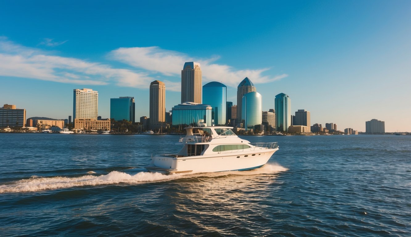A sunny day on the Mobile Bay with a boat gliding across the water, framed by the city's skyline and a clear blue sky