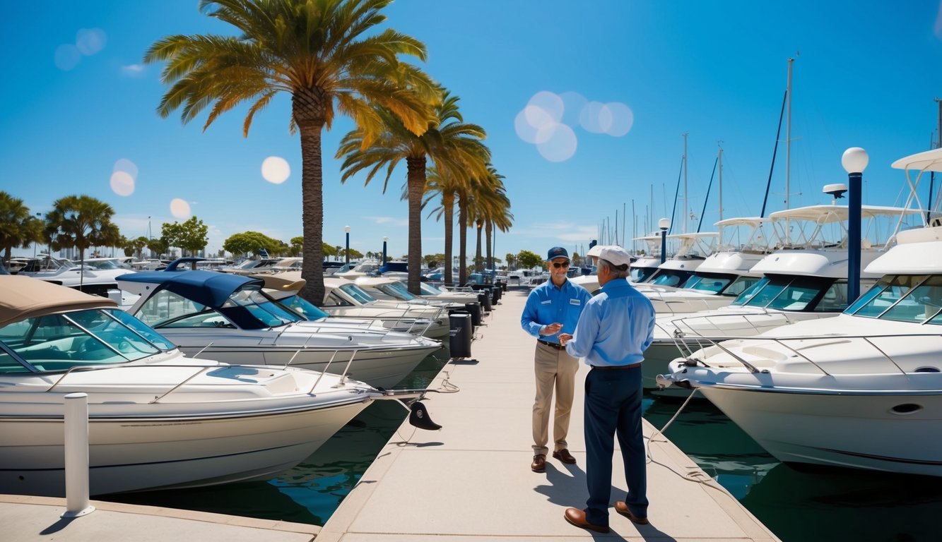 A sunny marina with boats lined up, a salesperson talking to a customer, palm trees in the background, and a clear blue sky