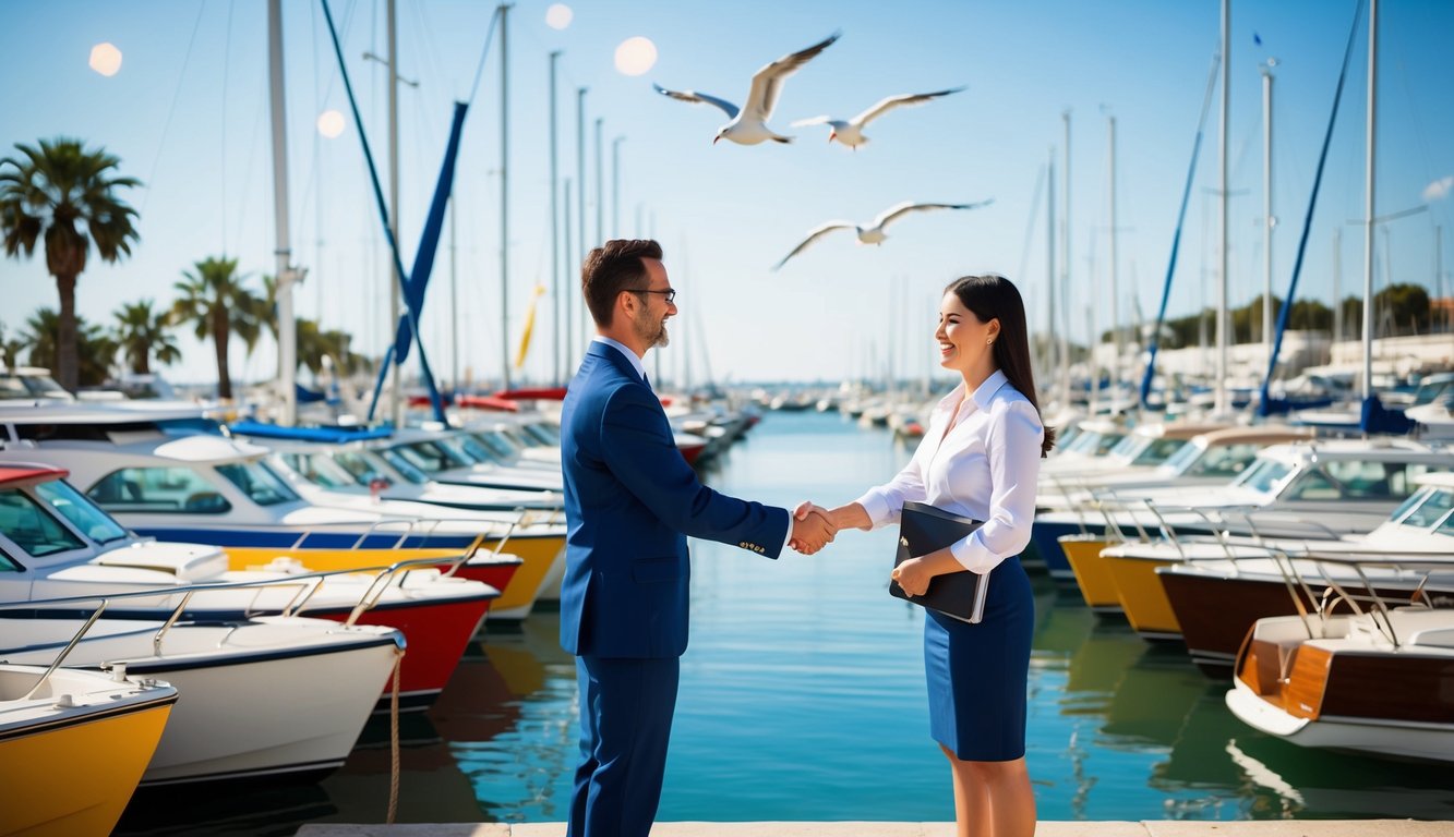 A sunny marina with colorful boats lined up, a salesperson shaking hands with a customer, palm trees and seagulls in the background