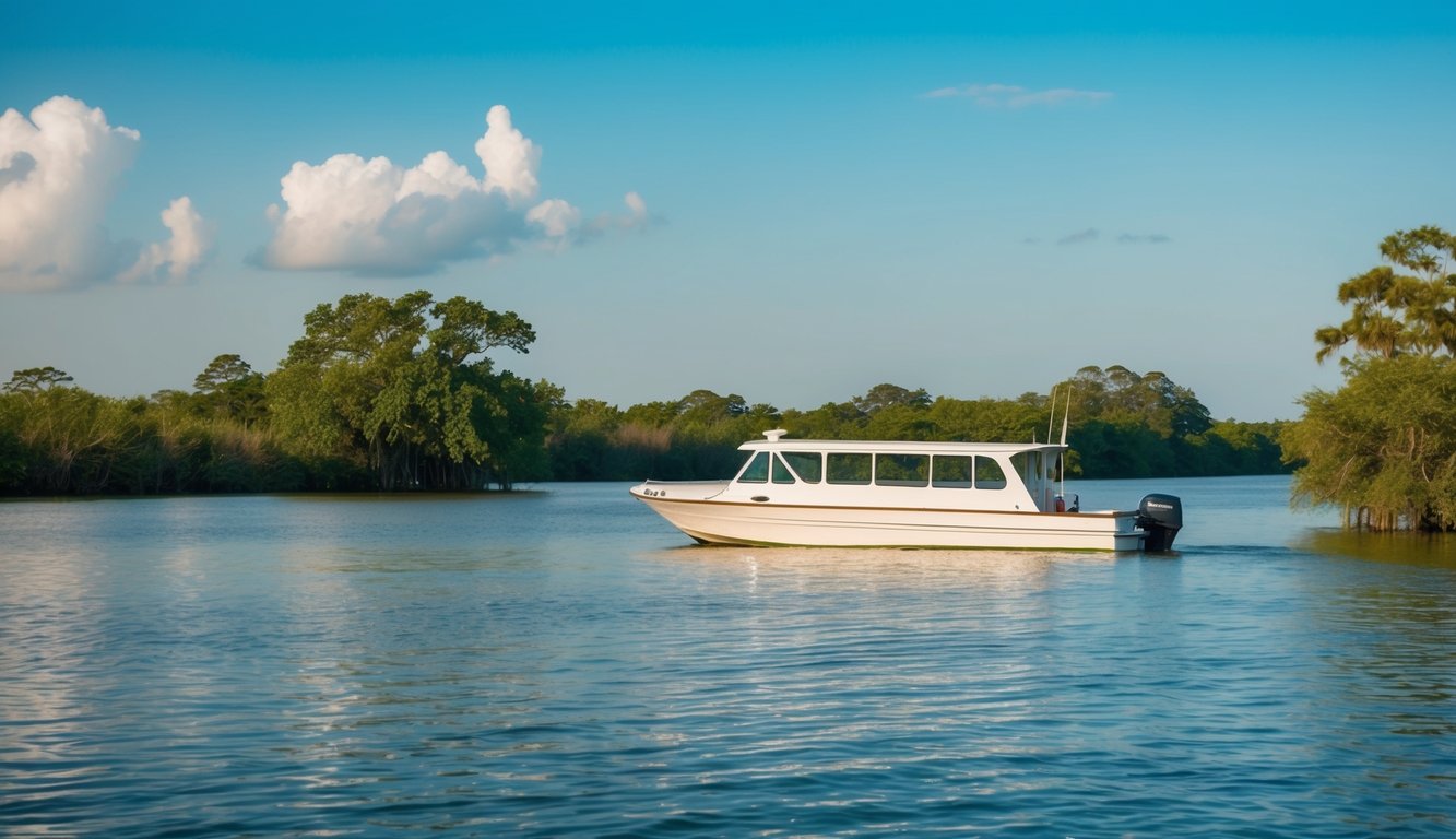 A boat floating on calm bayou waters with lush greenery and a clear blue sky overhead