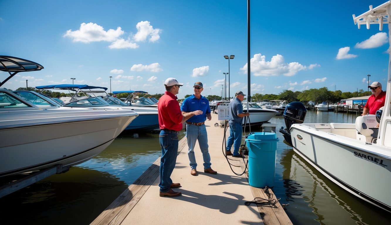 A sunny day at a bustling boat dealership in Houston, TX. A salesperson speaks with a customer while others clean and maintain boats along the bayou