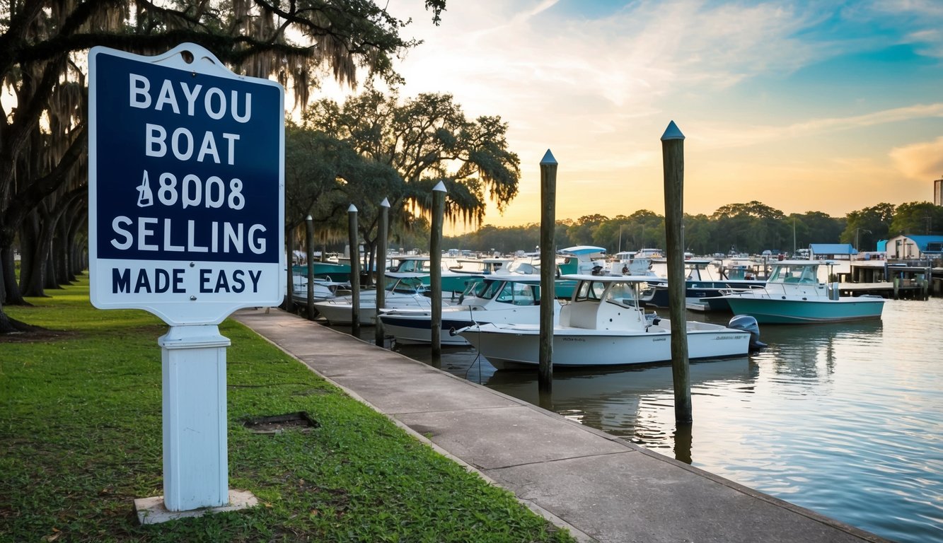 A bustling bayou in Houston, TX, with boats docked along the shore and a sign reading "Bayou Boat Selling Made Easy" prominently displayed
