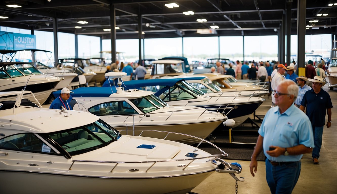 A bustling boat selling venue in Houston, TX with various boats on display and potential buyers browsing the selection