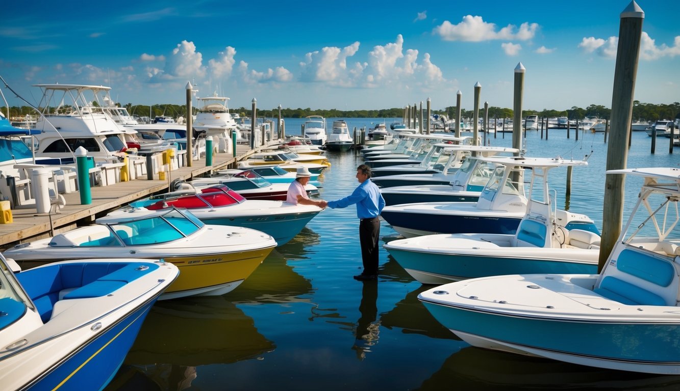 A bustling marina with colorful boats lined up, a salesperson shaking hands with a customer, surrounded by the shimmering waters of the bayou