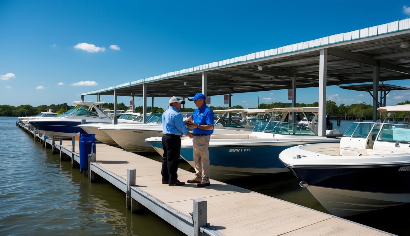 A sunny day at the Bayou Boat Selling in Houston, TX. Boats lined up on the dock with a salesperson assisting a customer. Clear blue skies and calm waters
