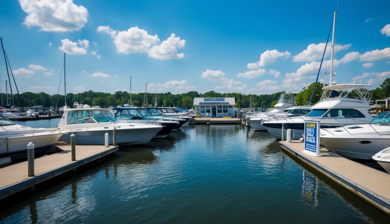 A sunny day at a marina in Raleigh, NC. A variety of boats are docked along the water, with a small sales office and a sign for "Inland Boat Sales" visible