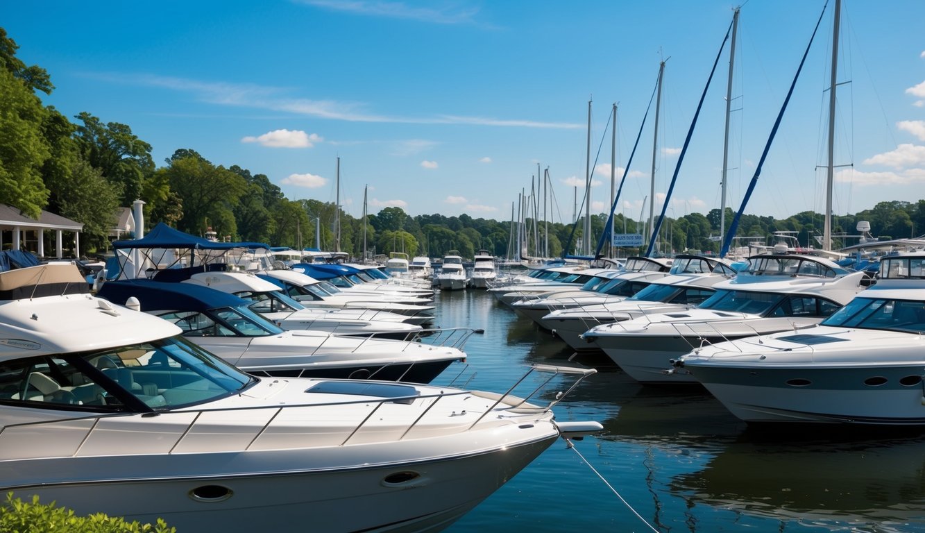 A bustling marina in Raleigh, NC with sleek boats lined up for sale at competitive prices, surrounded by lush greenery and a clear blue sky