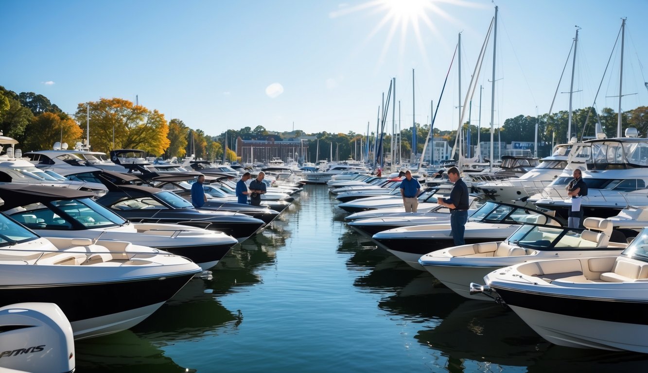 A bright, sunny day at a bustling marina in Raleigh, NC. A variety of sleek, modern boats are lined up for sale, with sales staff engaging with potential customers