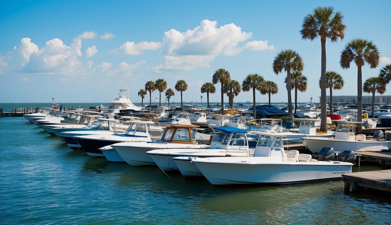 A bright, sunny day on the Galveston waterfront. A variety of boats are lined up for sale, with palm trees and the ocean in the background