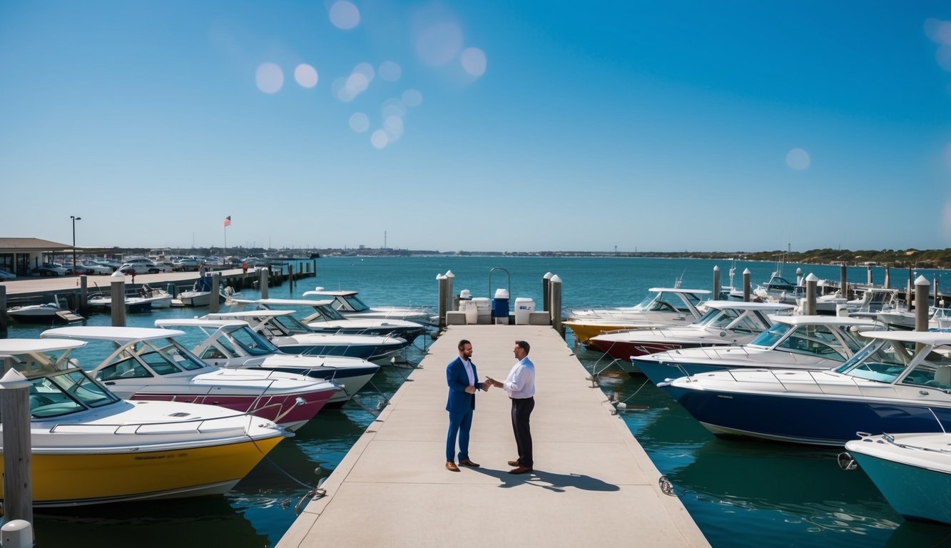 A sunny marina with colorful boats docked, a salesperson greeting customers, and a clear view of the Galveston coastline in the background