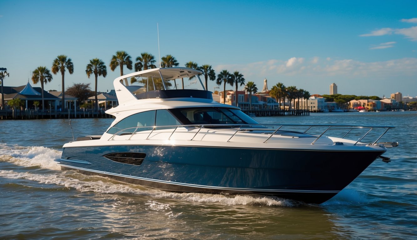 A sleek boat glides through the sparkling waters of Galveston, Texas, with palm trees and a vibrant coastal town in the background