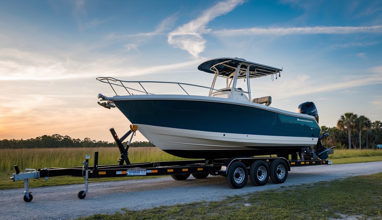 A boat being securely loaded onto a trailer by ground transport experts in Jacksonville, FL