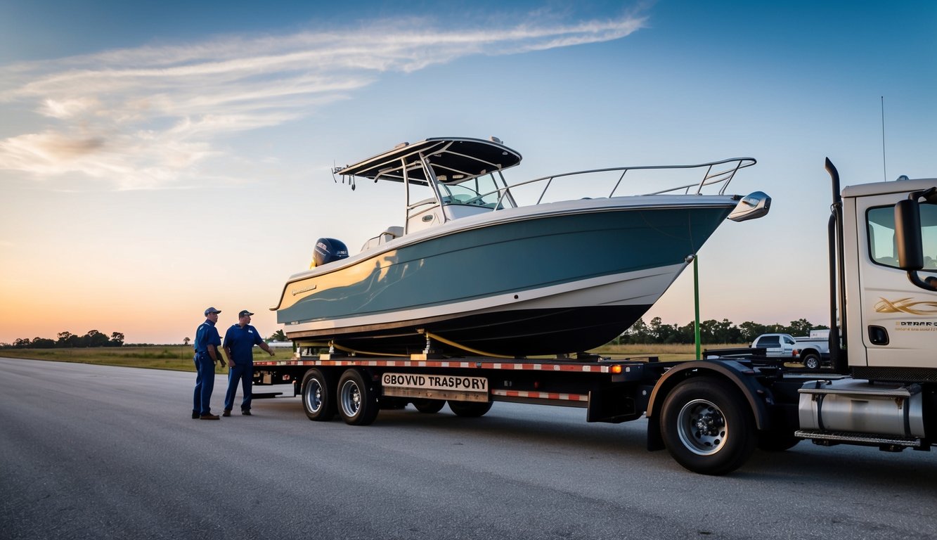 A boat being loaded onto a flatbed truck by a team of ground transport experts in Jacksonville, FL