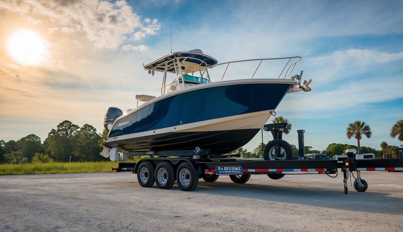A boat being loaded onto a trailer by ground transport experts in Jacksonville, FL