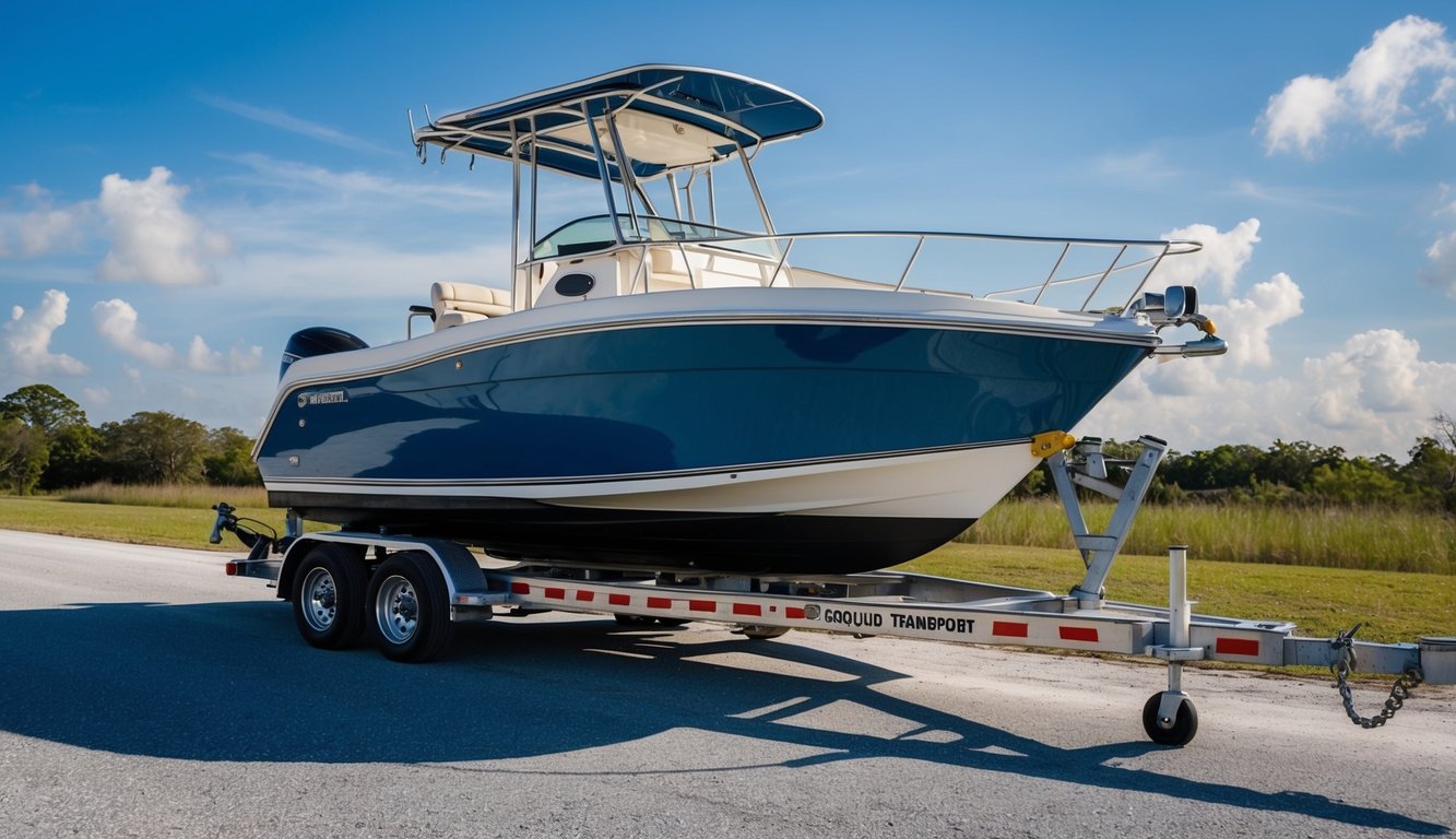 A boat being carefully loaded onto a trailer by ground transport experts in Jacksonville, FL