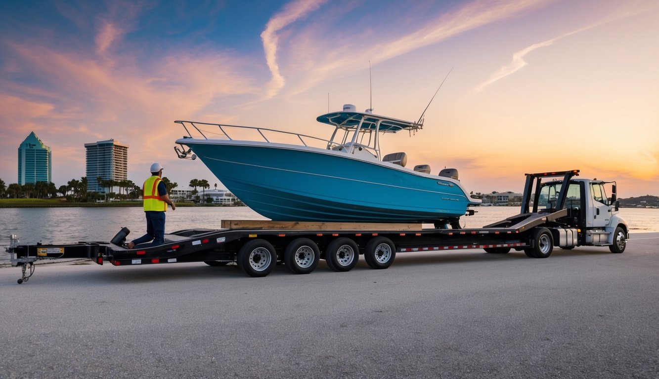 A boat being loaded onto a flatbed trailer by ground transport experts in front of a backdrop of the Jacksonville, FL skyline