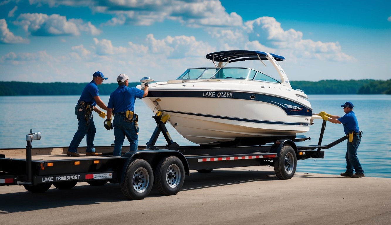 A boat being securely loaded onto a trailer by workers at Ground Lake Transport, with Lake Ozark in the background