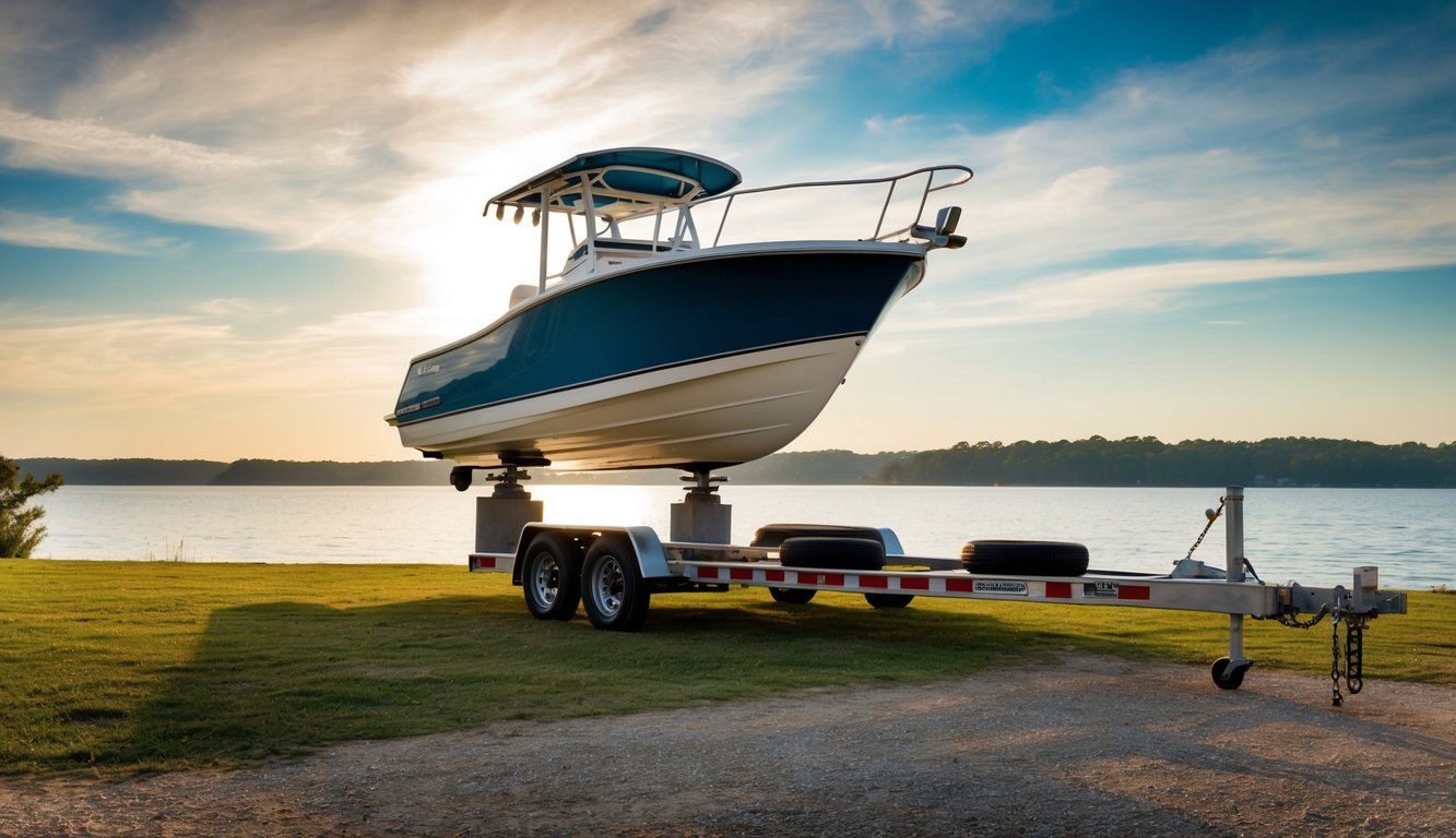 A boat being lifted onto a trailer with Lake Ozark in the background