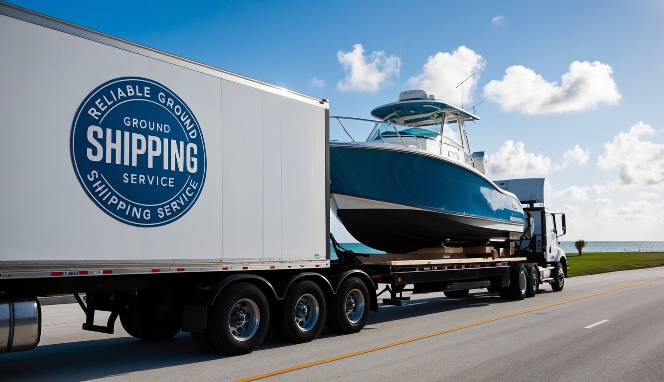 A boat being carefully loaded onto a sturdy shipping truck in Miami, FL, with a reliable ground shipping service logo prominently displayed