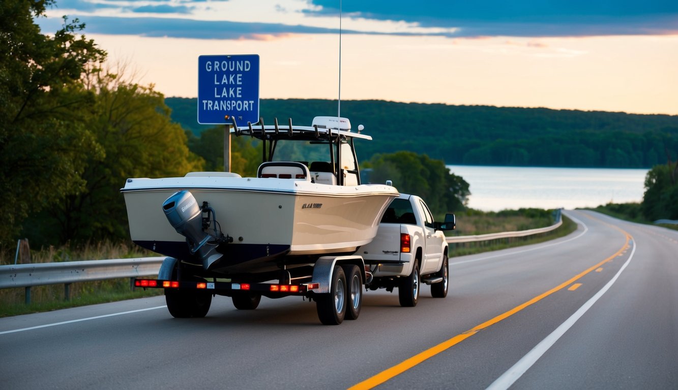 A truck with a boat on a trailer driving along a road near Lake Ozark, MO, with a sign for Ground Lake Transport visible