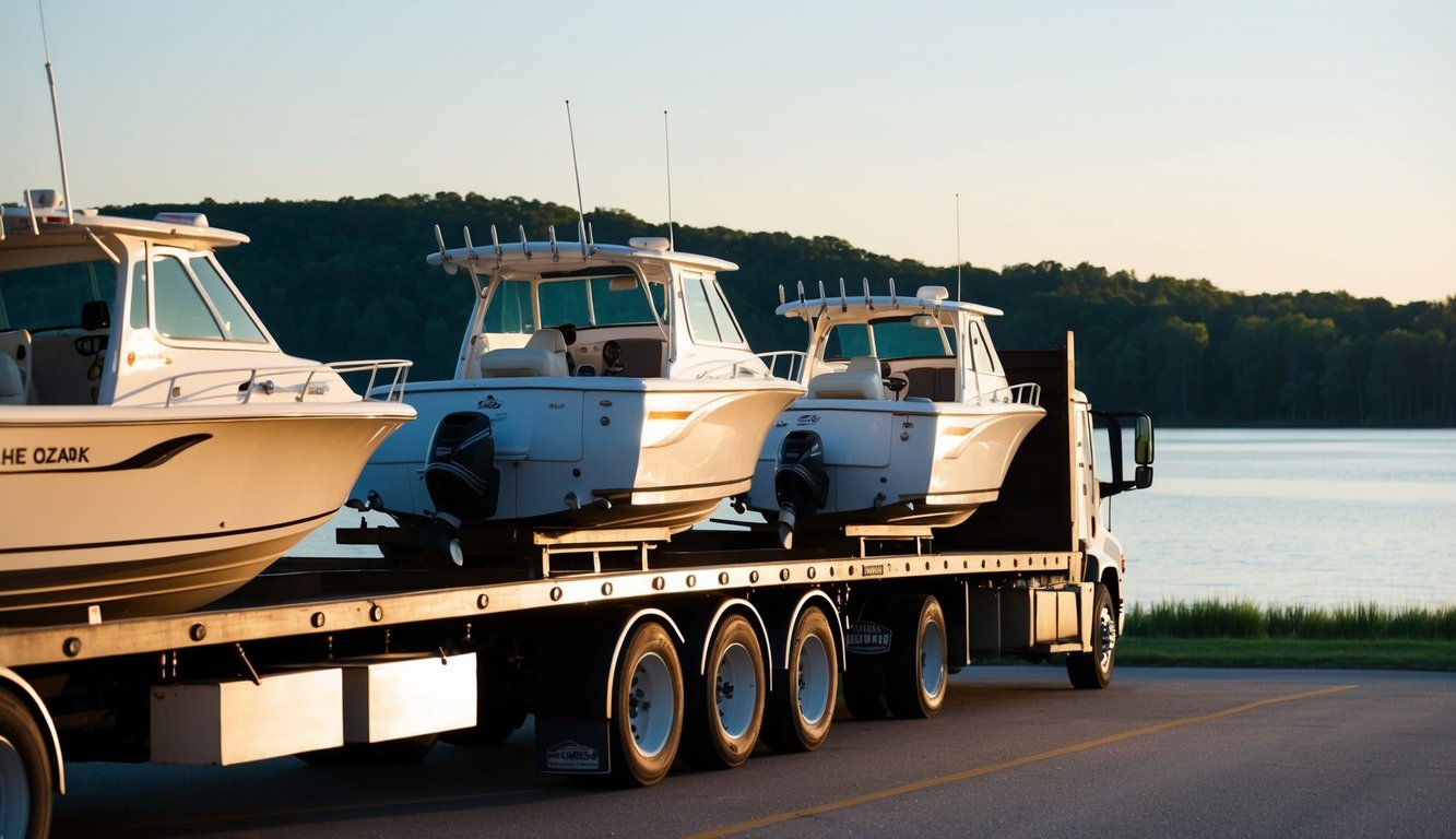 Boats being loaded onto a flatbed truck at Lake Ozark, MO, with a scenic lake backdrop