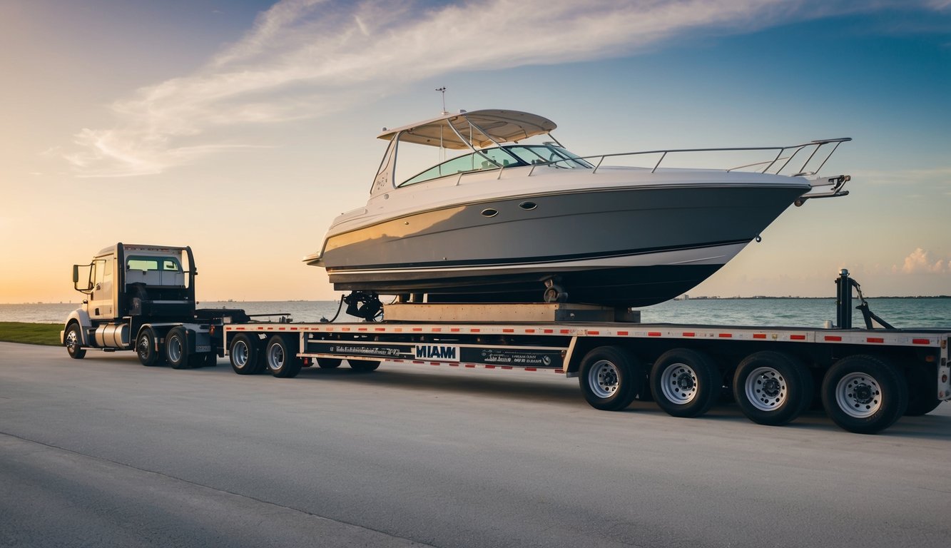 A boat being carefully loaded onto a sturdy transport trailer in Miami, FL for ground shipping
