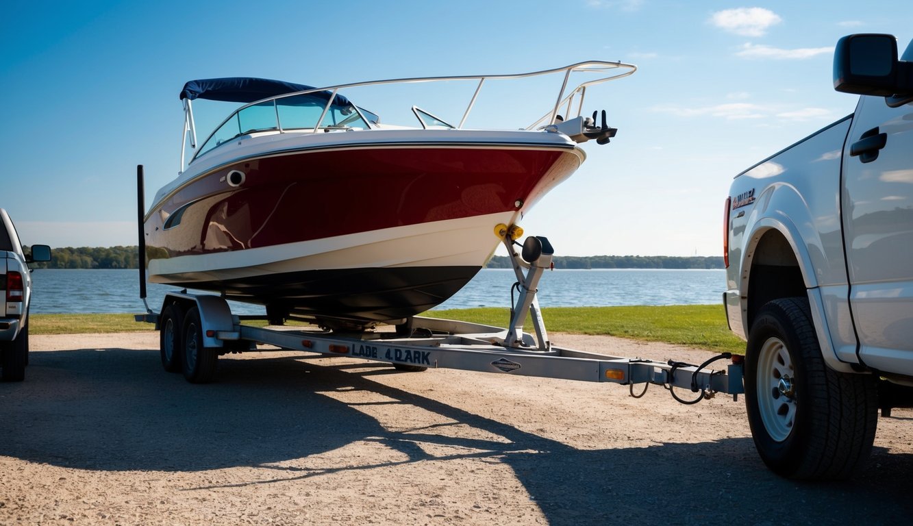A boat being loaded onto a trailer at Lake Ozark, MO. The trailer is attached to a vehicle and ready to transport the boat