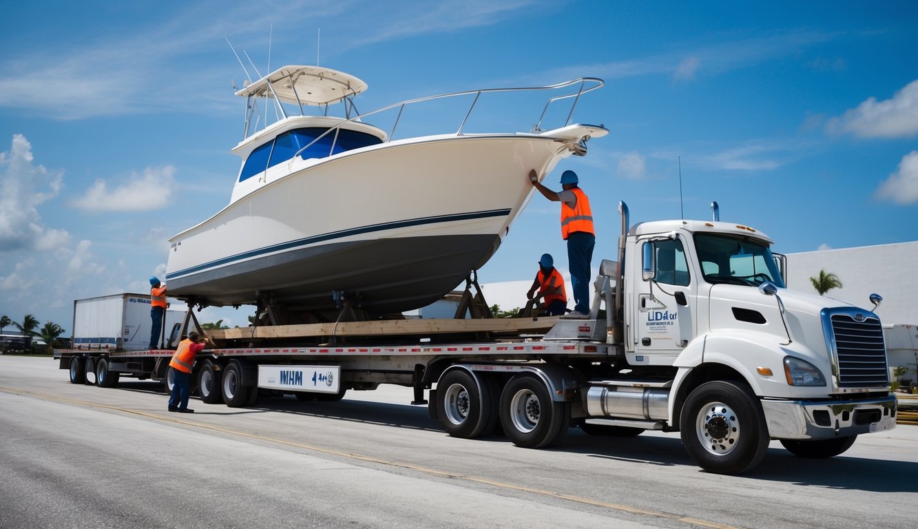 A large boat being loaded onto a sturdy transport truck in Miami, FL, with workers securing it in place for reliable ground shipping