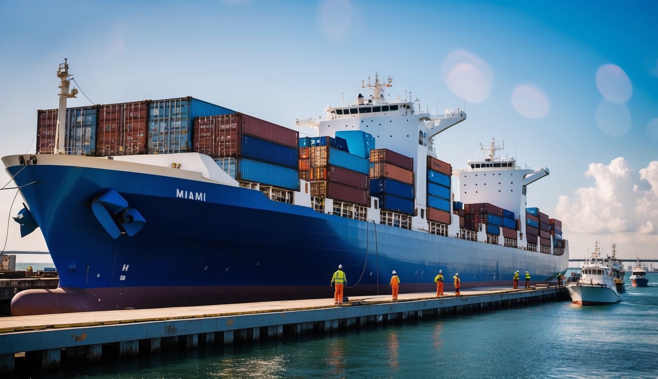 A large cargo ship docked at the port in Miami, with several smaller boats being loaded onto its deck by a team of workers