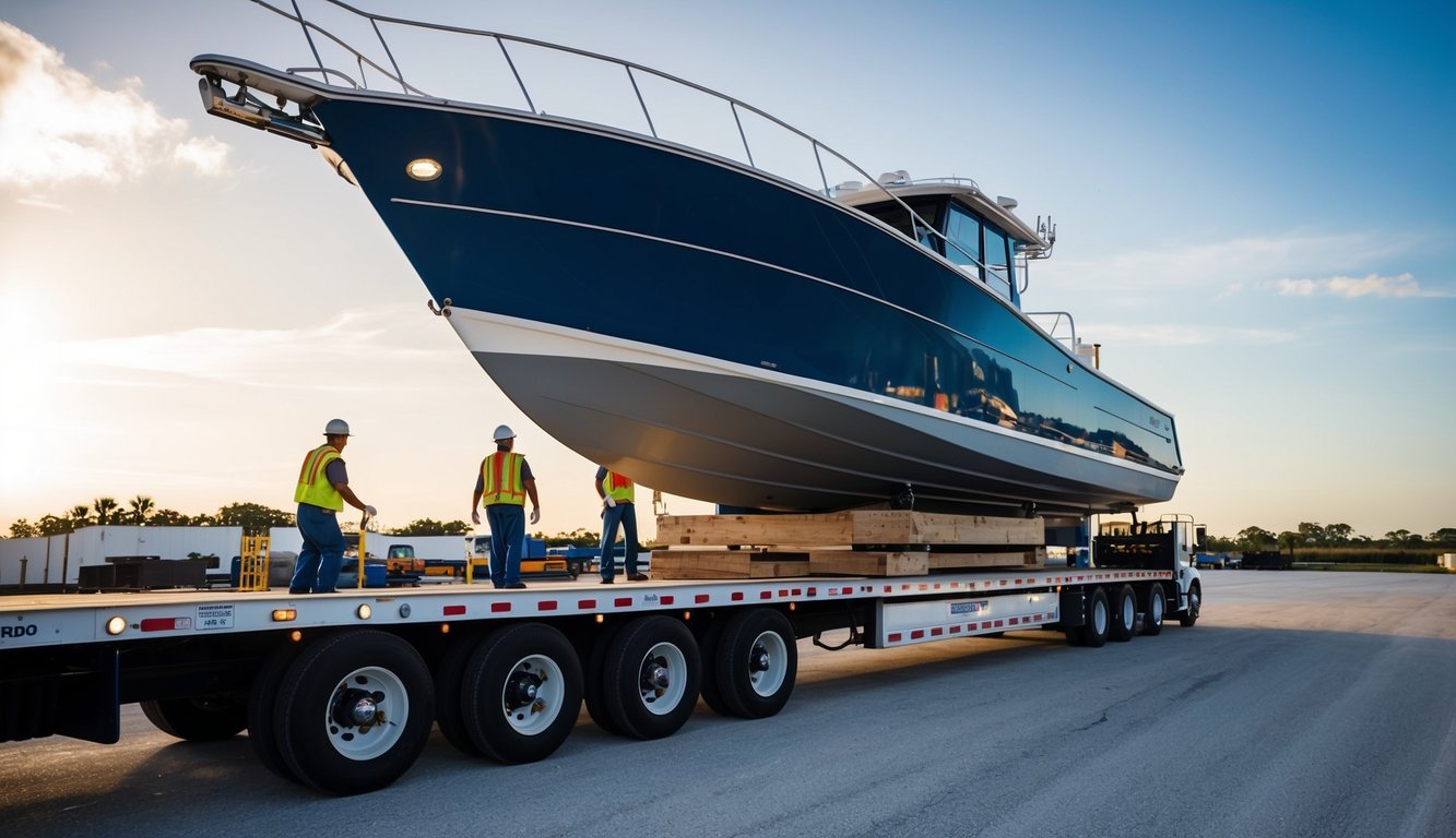 A large boat being securely loaded onto a flatbed truck by workers in a shipping yard in Orlando, FL