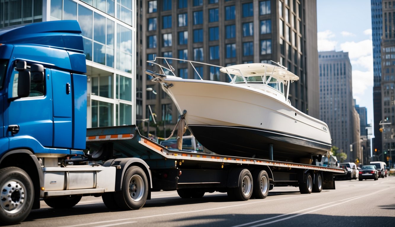 A boat being loaded onto a truck in a busy urban area, with city buildings in the background