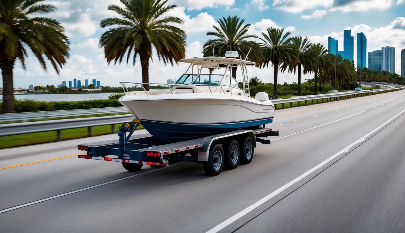 A flatbed truck carrying a boat drives along a highway with palm trees and the Orlando skyline in the background