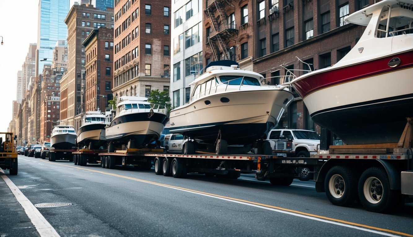 A busy urban street with boats being loaded onto trucks for ground shipping in New York City