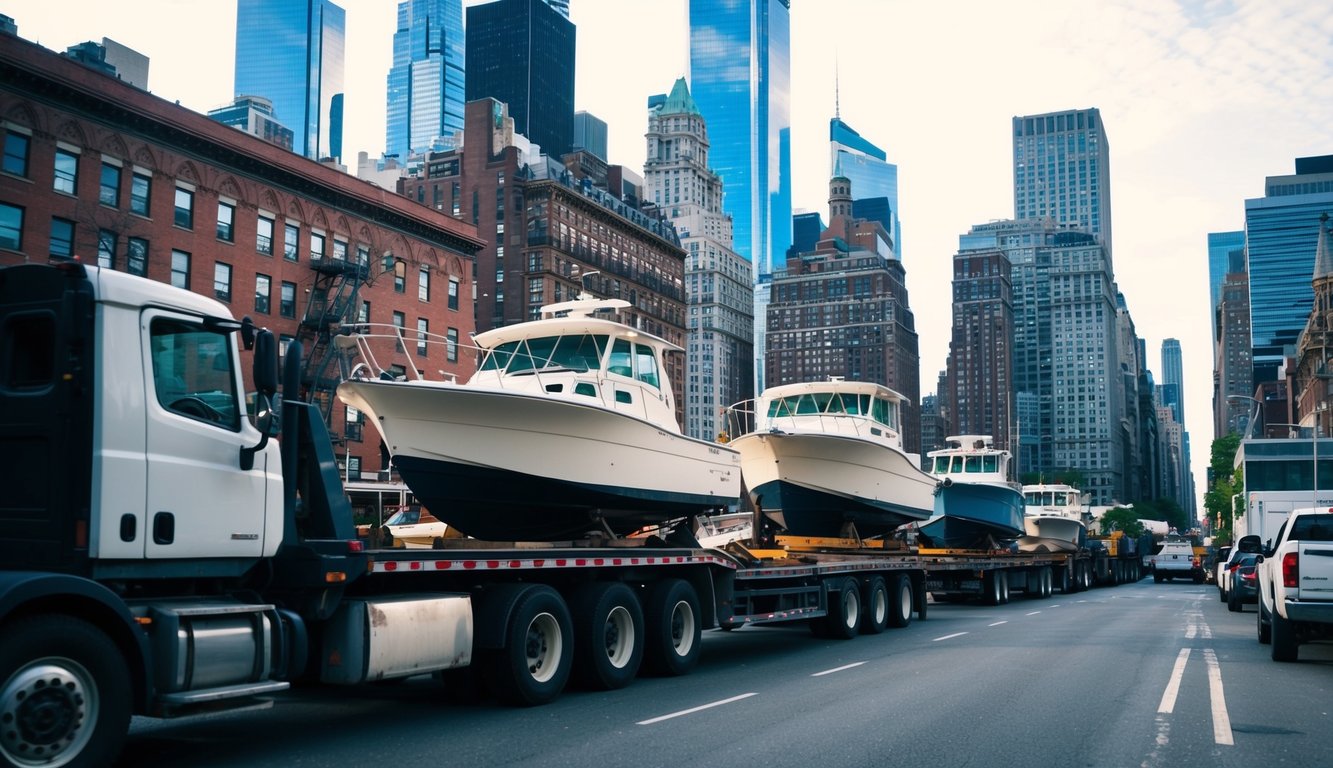 A bustling urban landscape with boats being loaded onto trucks for transport in New York City