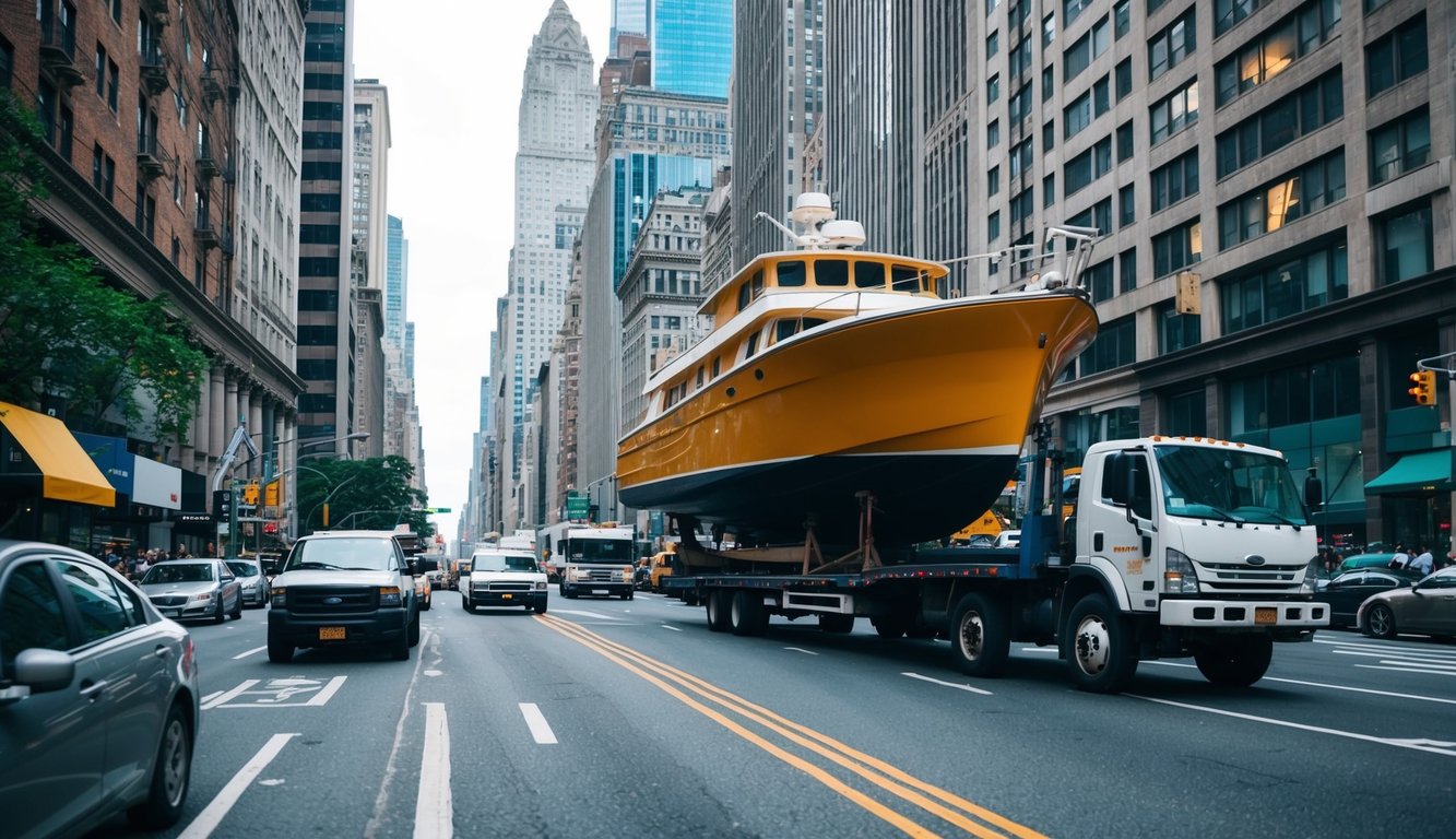 A crowded city street with tall buildings and traffic, where a large boat is being transported on a truck through the urban landscape of New York, NY