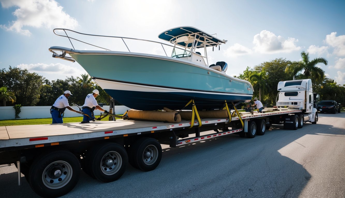A boat being securely loaded onto a flatbed truck in Orlando, FL, with workers carefully securing it with straps and padding for ground shipping