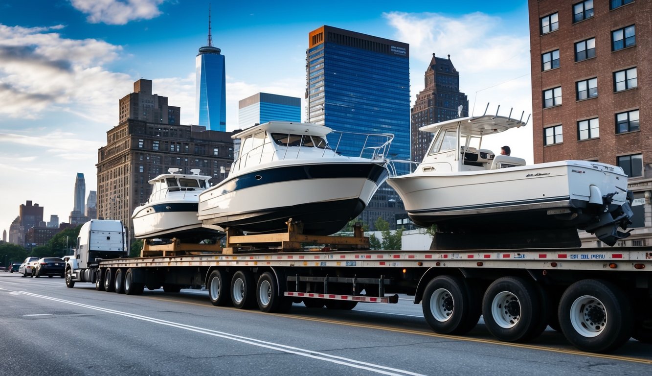 Boats being loaded onto flatbed trucks in an urban setting for ground transport in New York, NY