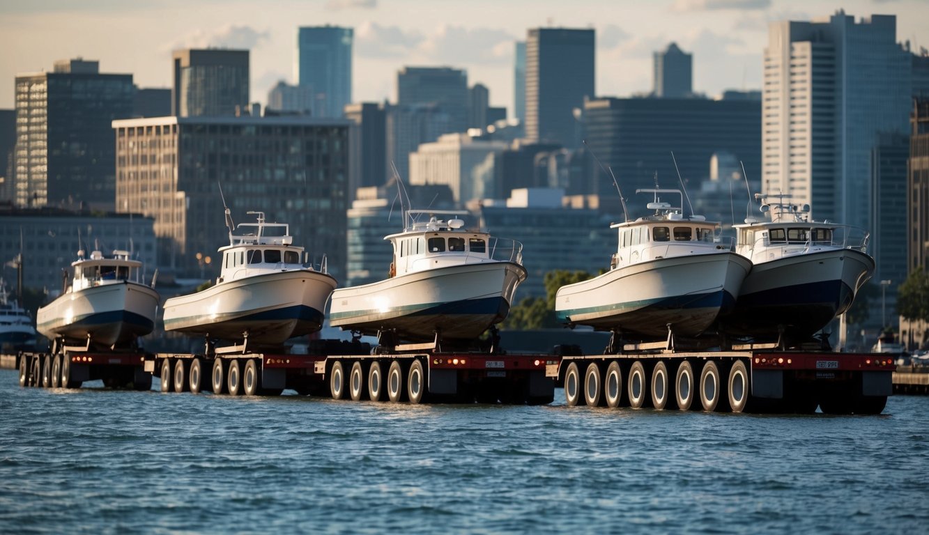 A bustling cityscape with boats being loaded onto trucks for transport
