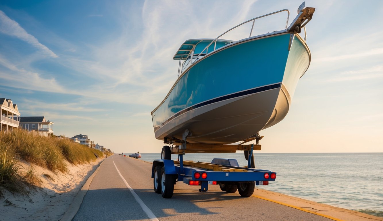 A boat being loaded onto a trailer for transport along the coastline of Virginia Beach, VA