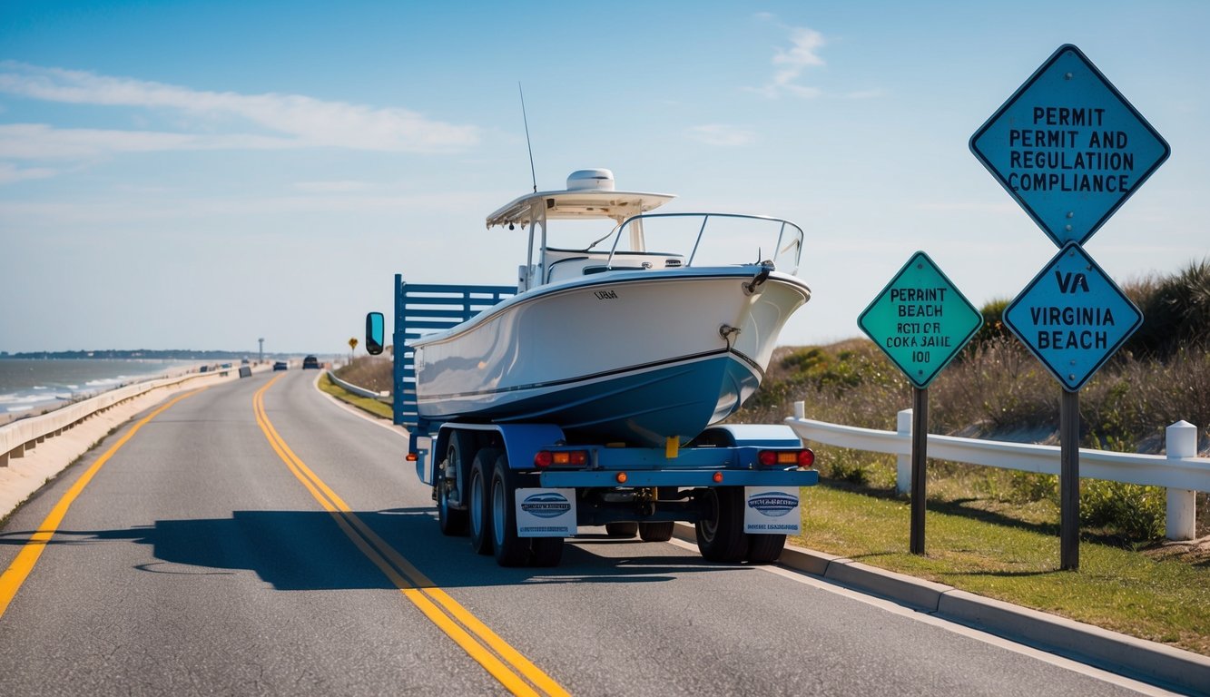 A truck transports a boat along a coastal road in Virginia Beach, VA, passing by signs indicating permit and regulation compliance