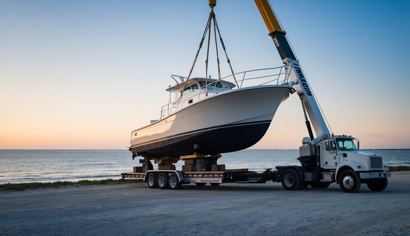 A large boat being loaded onto a trailer by a crane near the coast of Virginia Beach, VA